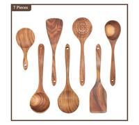 Teak Natural Wood Tableware Spoon Ladle Turner Long Rice Colander Soup Skimmer Cooking Spoons Scoop Kitchen Tool Set(Blue)