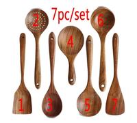 Teak Natural Wood Tableware Spoon Ladle Turner Long Rice Colander Soup Skimmer Cooking Spoons Scoop Kitchen Tool Set(Yellow)