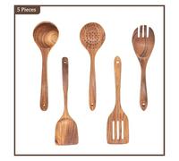Teak Natural Wood Tableware Spoon Ladle Turner Long Rice Colander Soup Skimmer Cooking Spoons Scoop Kitchen Tool Set(Black)