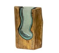 Teak Root and Recycled Glass Vase, Molten Lava S-Shaped Design, Blue and Brown, 18x30x8cm, Handmade Rustic Wood Table Centrepiece