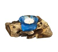 Teak Root Blue Molten Glass Candle Holder, Handmade Rustic Natural Wood, W22cm x H11cm x D16cm, Freestanding Tealight Holder