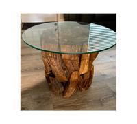 Teak Root Coffee Table Rustic Solid Wood Vintage Side End Furniture Round Glass