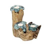 Teak Root Triple Molten Glass Candle Holder, Rustic Wood Tea Light Stand, Blue and Brown, Hand-Carved Natural Design, W24cm x H20cm x D24cm