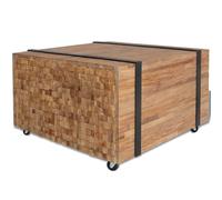 Teak Side Table 60x60x38 cm Natural Finish with Wheels Rustic Industrial Design