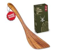 Teak Wood Frying Spatula - Long Handle Wooden Turner for Cast Iron & Nonstick - Flat Spatula for Eggs, Pancakes & Stir Fry - Natural Cooking Paddle with Curved Edge