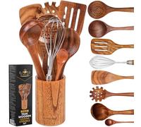 Teak Wooden Cooking Utensils Set - 9 Pieces-La Pelite Rose-Serving Spoons, Ladle, Spatulas, Whisk - Sturdy,Strong, Durable, Heat Resistant Kitchen Set-Housewarming Gift