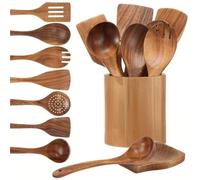 Teak Wooden Kitchen Utensils Set 9 Pcs, Non Scratch Heat Resistant Wood Spoons & Spatulas with Holder & Rest for Cooking