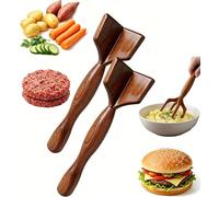 Teak Wooden Meat Chopper and Masher, Heavy Duty Ground Beef Masher for Nonstick Cookware, Manual Meat Smasher for Beef Hamburger Potato Turkey Sausage, Non Scratch Kitchen Tool, Kitchen Gifts for Mom