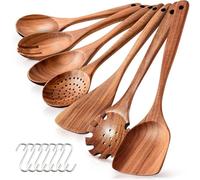 Teak Wooden Spoons for Cooking, 7-Piece Cooking Utensils Set with 7 Hooks, Spatul, Colander, Salad Fork, Salad Spoon, Mixing Spoon, Round Spoon for Kitchen and Restaurant