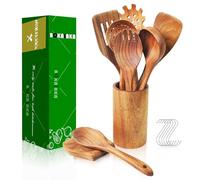 Teak Wooden Spoons for Cooking - 9 Pcs Comfort Grip Kitchen Utensil Set with Holder & Rest