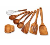Teak Wooden Utensils Set - 6 Cooking Spoons with Long Handles + Matching Teak Spoon Rest - Heat-Resistant Kitchen Tools for Stirring, Mixing, Serving - Durable Teak Wood Utensil Set