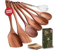 Teak Wooden Utensils Set - 6 Cooking Spoons with Long Handles + Matching Teak Spoon Rest - Heat-Resistant Kitchen Tools for Stirring, Mixing, Serving - Durable Teak Wood Utensil Set