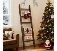 TEAKMAMA 6-Tier Blanket Ladder for Living Room and Bedroom,5.4 Ft Wall Leaning Quilt Rack with Hooks,Rustic Decorative Farmhouse Blanket Storage,Stylish Ladder Holder,Easy to Assemble,Mahogany Finish