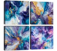 Teal Abstract Framed Wall Art for Living Room 4 Pieces Purple Blue Gold Wall Pictures Marble Wall Decor Modern Luxury Canvas Prints Painting Nordic Minimalist Artwork Bedroom Hallway Decor 30x30cm