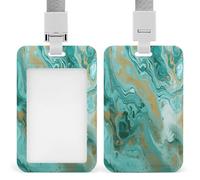 Teal and Gold Marble Badge Holders with Push-Pull Slot&Lanyard Waterproof Plastic Vertical Work ID Card Holder Portable Travel Document Protector Detachable Card Protector
