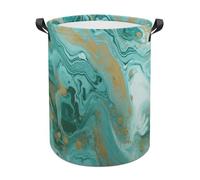 Teal And Gold Marble Laundry Basket with Handles, Large Capacity Water Proof Laundry Hamper, Lightweight & Foldable Storage Basket for Home, Bedroom, Dorm, 44x44cm