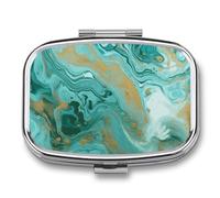 Teal and Gold Marble Pill Box 2 Compartment - Small Metal Medicine Organizer Portable Pill Case for Purse Pocket Travel Vitamin Organizer for Men Women, BPA-Free