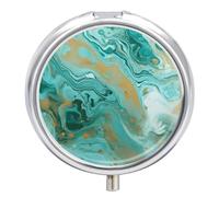 Teal and Gold Marble Pill Box 3 Compartment Small Pill Case with Mirror for Purse & Pocket Travel Medicine Organizer Daily Medication Container Portable Pillbox Metal Medicine Box Round Meds Case