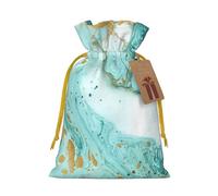 teal and gold marble Printed Christmas Drawstring Bags with Yellow Christmas Ribbon - Reusable Burlap Drawstring Gift Pouches, M