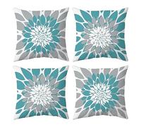 Teal and Grey Throw Pillow Covers Set of 4 Outdoor Waterproof Pillow Covers Modern Decorative Dahlia Floral Couch Pillowcases for Patio Bedroom Living Room Sofa, 16" x 16", Turquoise and White