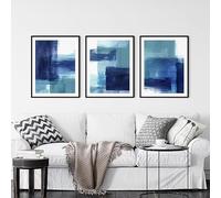Teal and Navy Blue Brush Strokes Abstract Artwork Posters Print Canvas Painting Wall Art Picture for Living Room Decor(70x100cmx3/Without frame)