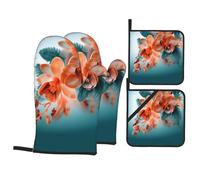 Teal And Orange Flower Oven Mitts And Pot Holders 4 Pcs Set - Anti-Skid Oven Gloves, Insulated Microwave Oven Mitts And Cooking Mitts For Kitchen Baking Bbq Grilling