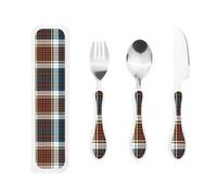 Teal and Tan Tartan Pattern Portable Kids Utensil Set Stainless Steel Fork, Spoon & Knife 3-Piece-Set, Easy to Clean, and Perfect for School, Travel, Or Home Use