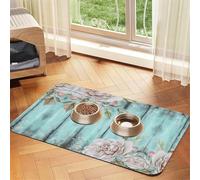 Teal Barn Door Floral Printed Pet Bowl Mats, Non-Slip And Tasteless Dog And Cat Feeding Mats