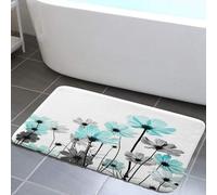 Teal Bath Rugs, Rustic Elegant Floral Turquoise and Gray Daisy Flower Bath Mats, Cute Wildflower Design Farmhouse Plant Turquoise Blue and Grey Bathroom Rug Accessories Shower Mat Floor Mat