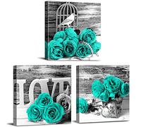 Teal Bathroom Wall Decor Turquoise Teal and Grey Rose Wall Art for Bedroom Living Room Accessories Love Sign Aqua Green Flower Pictures Floral Poster Canvas Artwork Kitchen Home Decoration 12x12" 3