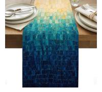 Teal Beige Block Table Runner Blue Cream Gradient Textured Industrial Boho Washable Cotton Linen Dining Table Runner Tabletop Decorations for Restaurant Home Kitchen Party 16 x 72 Inch,