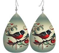 Teal Birds Musical Note Print Leaf Shape Drop Earrings Heart-Shaped PU Leather Earrings For Valentine Day