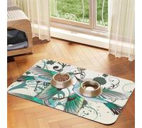 Teal Birds Musical Note Print Pet Feeding Mat For Dogs & Cats Absorbent Waterproof Dog Food Mat Non-Slip Pet Bowl Placemat Quick Dry Floor Protector Leather Tablecloth