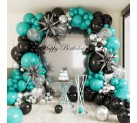 Teal Black Balloon Arch Kit 146pcs, 18in Teal Black Silver Balloon Garland with Burst Star Foil Balloon Confetti Balloons, DIY Party Backdrop Decoration for Birthday Anniversary Wedding Graduation