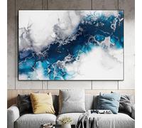 Teal Blue Abstract Marble Canvas Wall Art - Silver Navy Grey White Painting for Bathroom - 16x24 Inch No Frame
