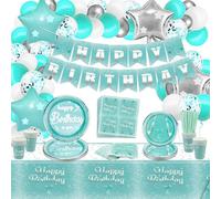 Teal Blue and Silver Birthday Supplies, Teal and Silver Birthday Party Decorations for Girls, Women, Includes Happy Birthday Banner, Tablecloth, Balloons, Paper Plates, Napkins, Cups, Serves 20 Guests