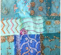 Teal Blue Assorted Embellished Sari Fabric Remnants Scraps - 10 Pieces (Blue Teal)