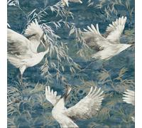 Teal Blue Cranes Wallpaper for Living Room Textured Gold Metallic Shimmer Vinyl Heavy Weight