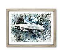 Teal Blue Drum Kit In Abstract Modern Art Framed Wall Art Print, Ready to Hang Picture for Living Room Bedroom Home Office Décor, Oak A2 (64 x 46 cm)