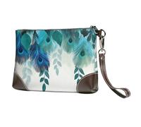 Teal Blue Feather Leather Clutch Bag for Women, Peacock Wristlet Purse with Detachable Strap Evening Handbag, Ladies Long Wallet for Wedding Party Travel Business