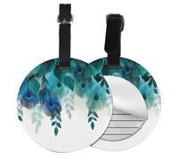 Teal Blue Feather Round Luggage Tag 4PCS Peacock PU Leather Travel Bag Tag ID Labels Name Card Holder wtih Buckle for Luggage Suitcase Backpacks