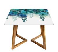 Teal Blue Feather Square Tablecloth with Elastic Edgs Peacock Fitted Table Cover Waterproof Topper Cap for Dining Wedding Party Picnic 100cm