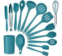 Teal Blue Kitchen Utensils Set, E-far 15-Piece Silicone Cooking Utensils with Holder, Non-stick Cookware Friendly & Heat Resistant, Includes Ladle Spatula Spoon Slotted Turner for Cooking & Baking