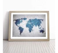 Teal Blue Map of the World in Abstract Framed Wall Art Picture Print - Canvas Painting - Modern Home Décor Poster - Ready to Hang for Living Room Bedroom Kitchen - Oak A4 (27 x 36 cm)