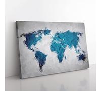 Teal Blue Map Of The World In Abstract Modern Art Canvas Wall Art Print Ready to Hang, Framed Picture for Living Room Bedroom Home Office Décor, 50x35 cm (20x14 Inch)