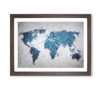 Teal Blue Map Of The World In Abstract Modern Art Framed Print | A3 Walnut Framed Wall Art | Ready to Hang | Abstract Map Picture | Living Room Bedroom Lounge Office