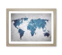 Teal Blue Map Of The World In Abstract Modern Art Framed Wall Art Print, Ready to Hang Picture for Living Room Bedroom Home Office Décor, Oak A4 (34 x 25 cm)