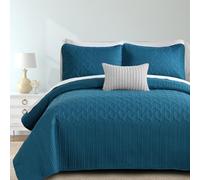 Teal Blue Quilt Set King Size Lightweight Bedspread Ultrasonic Wave Pattern Soft Microfiber Coverlet for All Season Modern Style 3 Piece Bed Cover Sets with 2 Pillow Shams (106"x96")