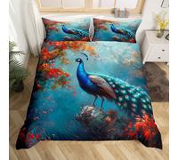 (Teal Blue Red, Double(No Comforter)) Homewish Peacock Comforter Cover Double Teal Blue Peacock Feather Bedding Set Chic Exotic Floral Animal Duvet Cover Oil Painting Artwork Style Quilt C