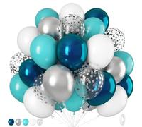 Teal Blue Silver Balloons, 12 Inch Turquoise Chrome Light Blue Metallic Silver Balloons, Silver Confetti Helium Balloon Set for Birthday Baby Shower Graduation Wedding Party Decoration